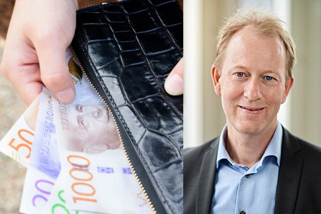 svenska pengar i plånbok och tomas eriksson, kanslichef på sveriges a-kassor